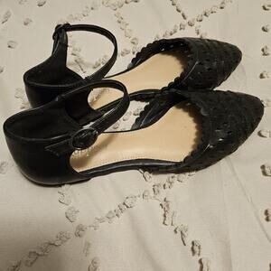 Women's Xappeal Black Ankle Strap Flats Scalloped Edge Woven Look Worn Once 6